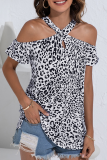 Fashion Elegant Leopard Hollowed Out Patchwork Halter T-Shirts
