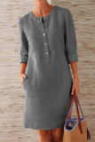 Casual Solid Pocket Buckle O Neck Long Sleeve Dresses