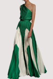 Fashion Elegant Patchwork Contrast Oblique Collar Waist Skirt Dresses