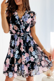 Fashion Elegant Floral Flounce With Belt V Neck A Line Dresses