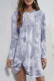 Casual Tie Dye Patchwork Fold O Neck Long Sleeve Dresses