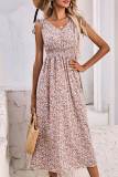 Sweet Floral Patchwork Strap Design V Neck Waist Skirt Dresses