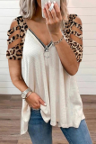 Casual Leopard Hollowed Out Zipper V Neck T-Shirts