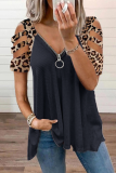 Casual Leopard Hollowed Out Zipper V Neck T-Shirts