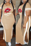 Fashion Casual Plus Size Lips Printed Split Joint Slit O Neck Short Sleeve Dress