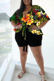 Casual Print Bandage Split Joint V Neck Plus Size Two Pieces