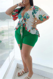 Fashion Casual Print Bandage V Neck Plus Size Two Pieces
