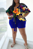 Casual Print Bandage Split Joint V Neck Plus Size Two Pieces