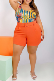 Casual Vacation Print Split Joint U Neck Plus Size Two Pieces