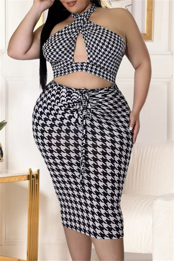 Fashion Sexy Plus Size Print Bandage Hollowed Out Backless Halter Sleeveless Dress