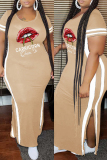 Fashion Casual Plus Size Lips Printed Split Joint Slit O Neck Short Sleeve Dress