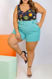 Casual Vacation Print Split Joint U Neck Plus Size Two Pieces