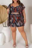 Fashion Print Split Joint Square Collar Plus Size Three Pieces