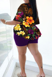 Casual Print Bandage Split Joint V Neck Plus Size Two Pieces