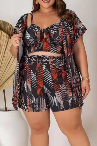 Fashion Print Split Joint Square Collar Plus Size Three Pieces
