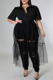 Casual Solid Patchwork Buckle Turndown Collar Plus Size Dresses