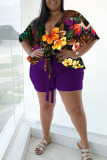 Casual Print Bandage Split Joint V Neck Plus Size Two Pieces