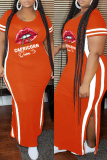 Fashion Casual Plus Size Lips Printed Split Joint Slit O Neck Short Sleeve Dress