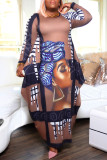 Fashion Casual Print Basic O Neck Long Sleeve Plus Size Dresses