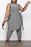 Sexy Print Split Joint O Neck Sleeveless Two Pieces