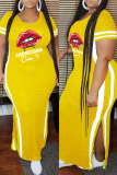 Fashion Casual Plus Size Lips Printed Split Joint Slit O Neck Short Sleeve Dress