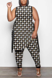 Sexy Print Split Joint O Neck Sleeveless Two Pieces