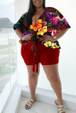 Casual Print Bandage Split Joint V Neck Plus Size Two Pieces