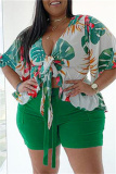 Fashion Casual Print Bandage V Neck Plus Size Two Pieces
