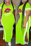 Fashion Casual Plus Size Lips Printed Split Joint Slit O Neck Short Sleeve Dress