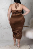 Sexy Solid Split Joint Backless Fold Halter One Step Skirt Plus Size Dresses