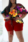 Casual Print Bandage Split Joint V Neck Plus Size Two Pieces