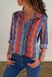 Casual Print Split Joint Turndown Collar Tops