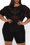 Fashion Sexy Solid See-through O Neck Short Sleeve Two Pieces