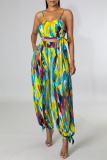 Sexy Casual Print Tie Dye Bandage Backless Spaghetti Strap Sleeveless Two Pieces