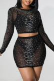 Fashion Sexy Patchwork Hot Drilling See-through O Neck Long Sleeve Two Pieces