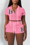 Fashion Casual Letter Solid Embroidered Hooded Collar Short Sleeve Two Pieces