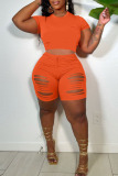 Casual Solid Ripped Patchwork O Neck Short Sleeve Two Pieces
