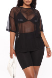 Fashion Sexy Solid See-through O Neck Short Sleeve Two Pieces