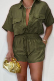 Casual Solid Patchwork Buckle Turndown Collar Short Sleeve Two Pieces