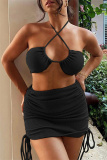 Fashion Sexy Solid Bandage Draw String Frenulum Backless Halter Sleeveless Two Pieces