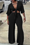 Sexy Solid Bandage Split Joint V Neck Half Sleeve Two Pieces