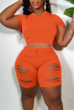 Casual Solid Ripped Patchwork O Neck Short Sleeve Two Pieces