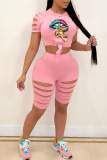 Sexy Print Ripped Split Joint O Neck Short Sleeve Two Pieces