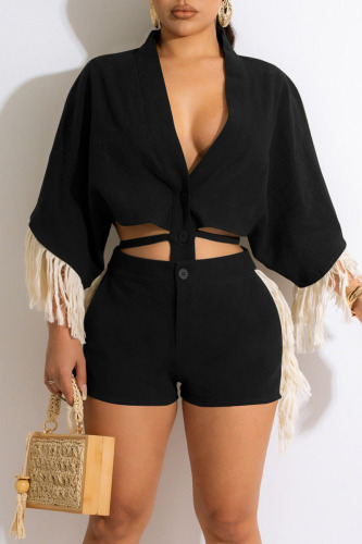 Casual Solid Tassel Bandage Split Joint Buckle V Neck Half Sleeve Two Pieces