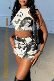 Fashion Print Patchwork O Neck Sleeveless Two Pieces