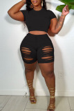 Casual Solid Ripped Patchwork O Neck Short Sleeve Two Pieces
