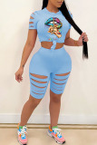 Sexy Print Ripped Split Joint O Neck Short Sleeve Two Pieces