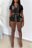 Fashion Casual Letter Solid Embroidered Hooded Collar Short Sleeve Two Pieces