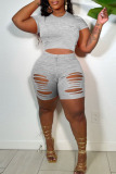 Casual Solid Ripped Patchwork O Neck Short Sleeve Two Pieces