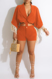 Casual Solid Tassel Bandage Split Joint Buckle V Neck Half Sleeve Two Pieces